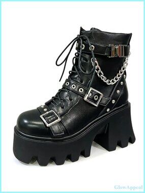 Platform Combat Boots Women Goth Chain Chunky Heel Motorcycle Boot